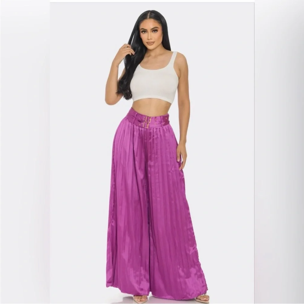 NWT! Elegant Purple Women's Wide-Leg With Belt High Waist Pants - Picture 2 of 4